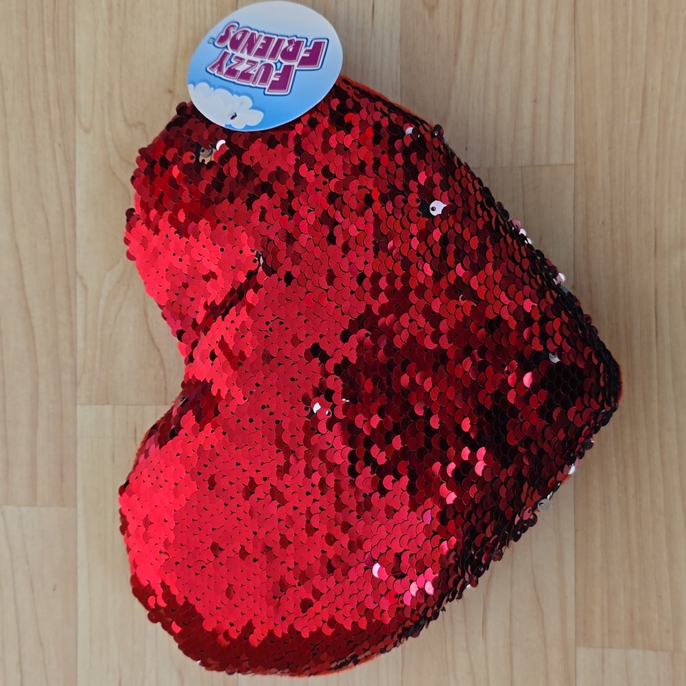 Fuzzy Friends Heart Red Silver Reversible Sequins Plush Pillow